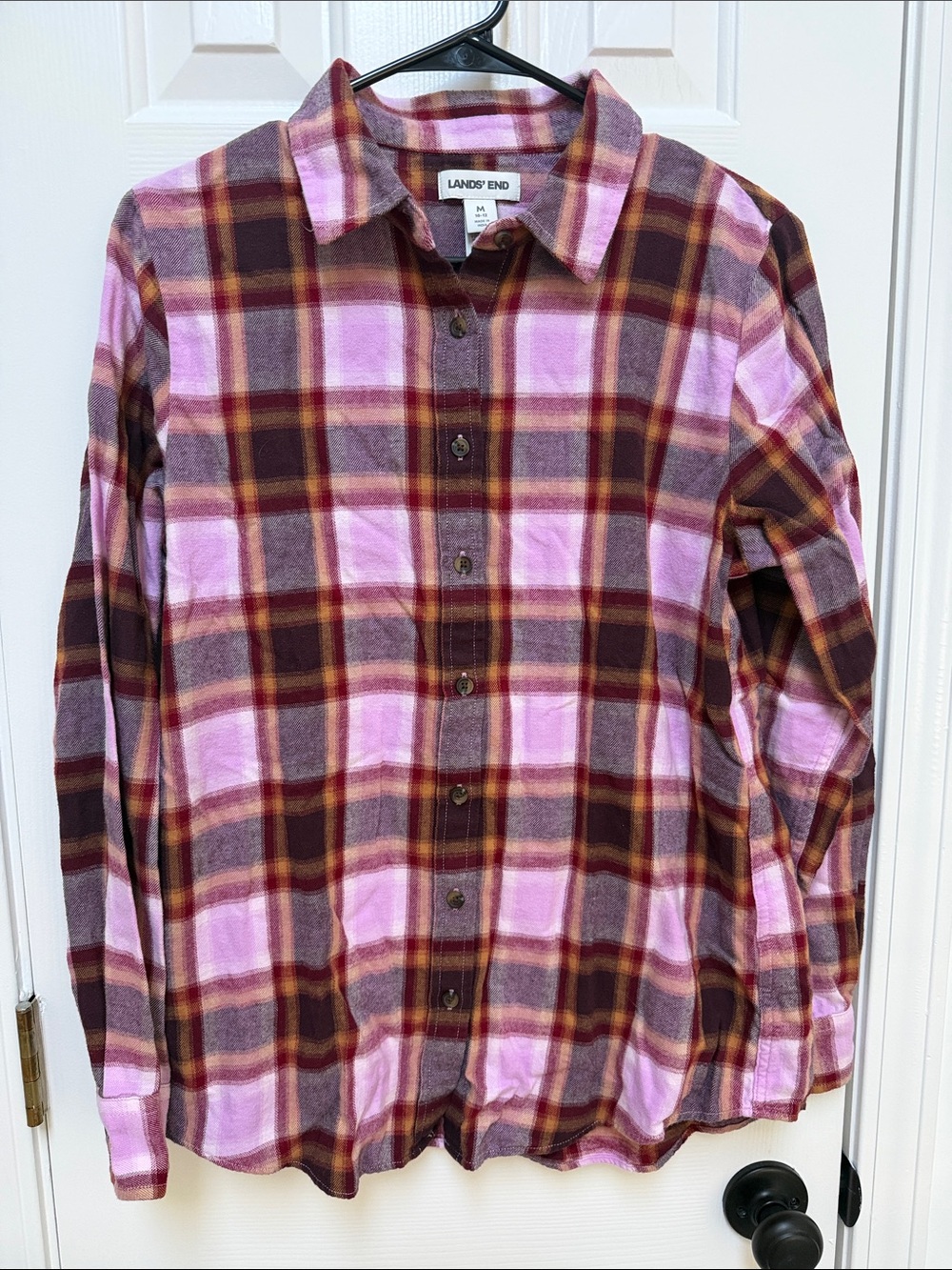 Lands' End Pink and Brown Plaid Button-Down Shirt